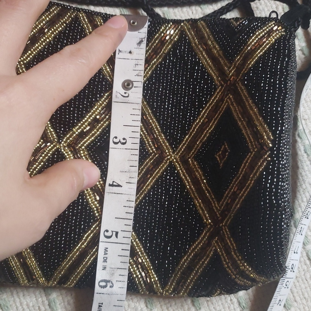 Vintage women's beaded crossbody purse bag black/brown/gold diamond - Picture 5 of 8